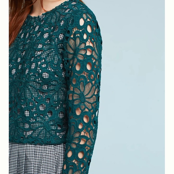 Anthropologie Maeve Elegant Teal Lace Gingham Women Top - Picture 3 of 10